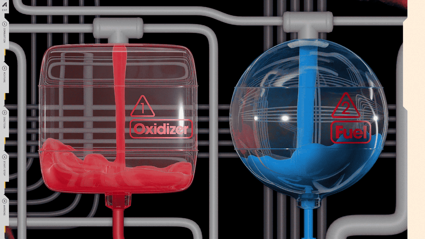 Oxidizer and fuel being poured into separate containers, from the Supercluster Explains animation on hypergolic propellants.