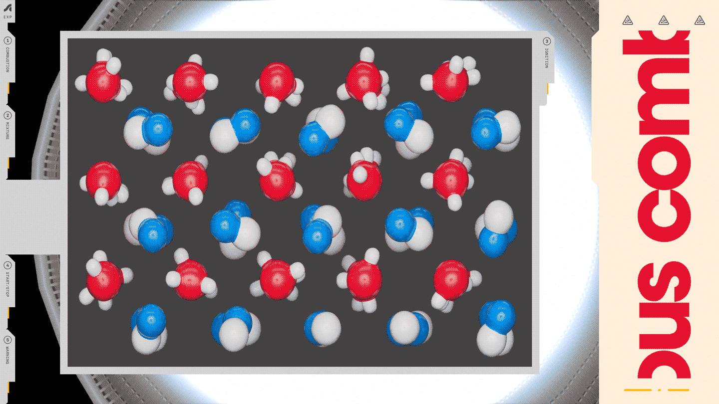 Oxidizer and fuel mixing together to ignite, from the Supercluster Explains animation on hypergolic propellants.