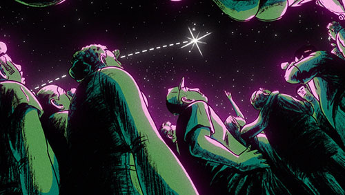 Illustrated frame of onlookers gazing up at a rocket launch with wonder, from the Virgin Orbit AirLaunch explainer.
