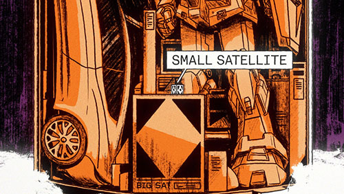 Drawn still of a small satellite tucked inside the payload bay of a rocket, from the Virgin Orbit explainer.