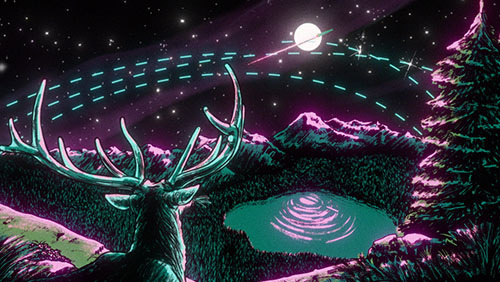 Illustration of a deer watching a rocket launch from its natural habitat, drawn for the Virgin Orbit AirLaunch explainer.